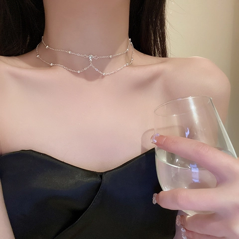 Collana Girocollo A Doppio Strato Lega Perline Tonde Strass Catena Clavicola Gioielli Di Moda Eleganti Donna