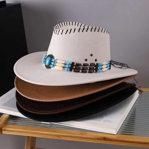 Western Cowboy Hat Felt Bohemian Beaded Band Turquoise Accent Adjustable Chin Strap Wide Brim Sun Protection Ethnic Style
