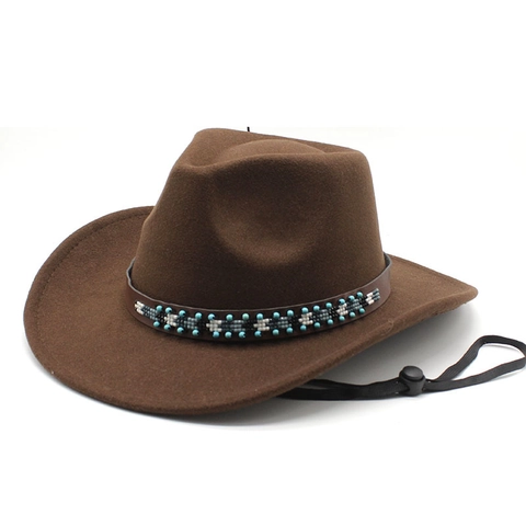 Chapeau De Cowboy Occidental Feutre De Laine Large Bord Bande Cuir Perlé Jugulaire Réglable Style Rétro Extérieur