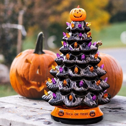 Albero Illuminato Da Tavolo In Ceramica Decorazione Halloween Natale Con Bagliore LED Per Accento Interno Della Casa Festiva