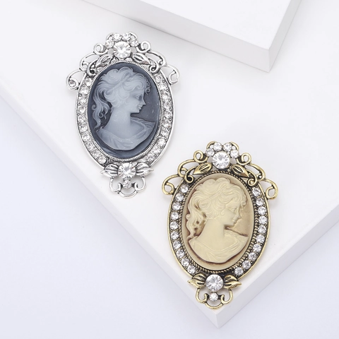 Broche Camée Portrait en Alliage Vintage avec Strass pour Femmes Broche de Profil de Dame Élégante Broches de Mode Bijoux Plaqués