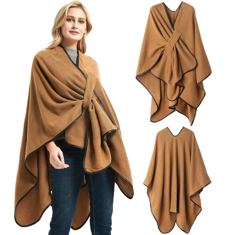 Women's Camel Knitted Poncho Shawl With Faux Leather Trim Buckle Front Wrap Winter Warm Solid Color Cape Outerwear