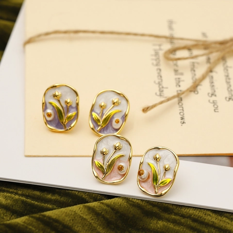 Orecchini a Bottone a Forma di Fiore di Tulipano in Stile Francese Vintage Smalto Rame Perla d'Acqua Dolce Perno in Argento Sterling 925 da Donna Gioielli Eleganti