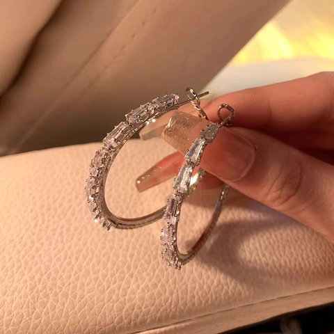 Baguette Cut Cubic Zirconia Hoop Earrings Silver Color Metal With 925 Sterling Silver Earring Post Women Elegant Jewelry