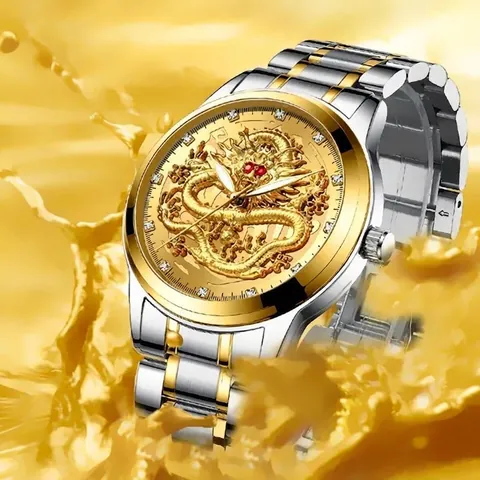 Orologio Uomo Quarzo Quadrante Rilievo Dragone Dorato Impermeabile Luminoso Strass Lusso Business Moda