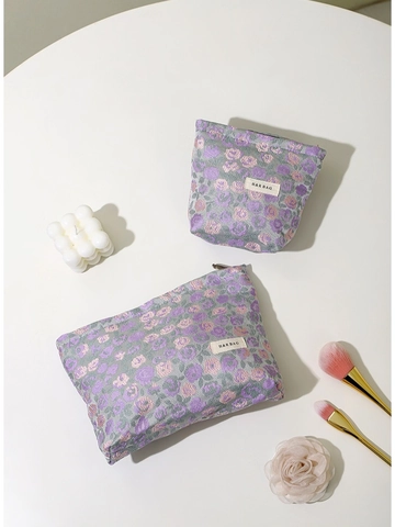Vintage Rose Floral Jacquard Cosmetic Bag Portable Makeup Pouch Large Capacity Travel Toiletries Organizer Cotton Fabric Canvas Lining Women Fresh Style