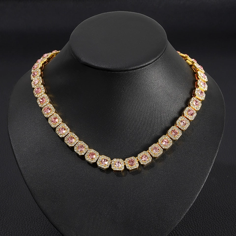 Hip Hop Mode Rosa Strass Panzerkette Halskette Zinklegierung Quadratische Glieder Gold Silber Vergoldet Choker Schmuck Unisex