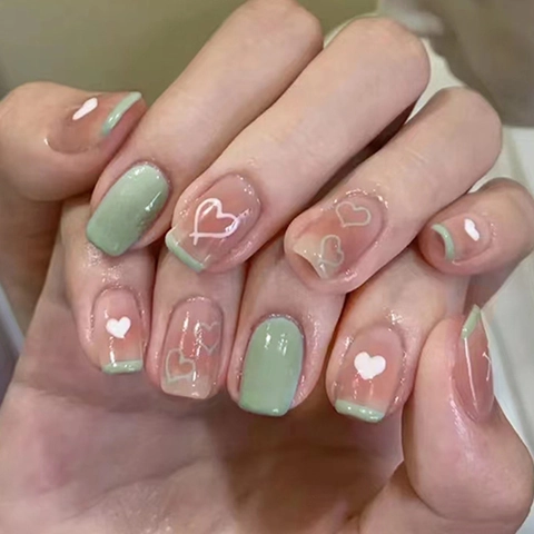 French Heart Pattern Press On Nails Sweet Mint Green Nude Short Square False Nails For Women And Students Fresh Ins Style
