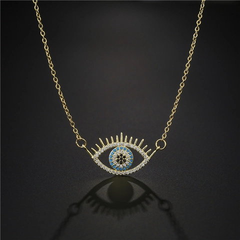 Collana Con Ciondolo Malocchio Rame Micro Zirconia Design Ciglia Moda Gioielli Boho Per Donna Blu Oro