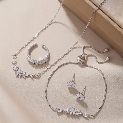 Mode Kupfer Strass Schmuckset Weizenähre Herz Blatt Anhänger Halskette Armband Ohrringe Ring Für Damen Valentinstag Geschenk