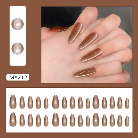Cat Eye Press On Nägel Lange Mandelform Teebraun Magnetische Künstliche Nägel ABS Kunststoff Maniküre Für Frauen Elegant