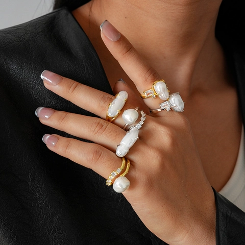 Baroque Imitation Artificial Pearl Open Adjustable Ring Zirconia Irregular Geometric Double Layer Retro Vintage Jewelry For Women