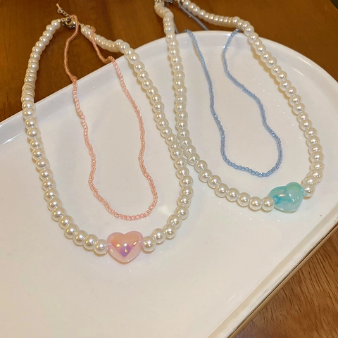 Double Layer Necklace With Heart Pendant White Imitation Artificial Pearl And Blue Seed Beads Alloy Clavicle Chain Sweet Jewelry For Women