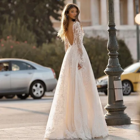 Women's Sexy Deep V-Neck Long Sleeve Lace Wedding Dress Hollow Floral Embroidery Backless Maxi Party Banquet Dress