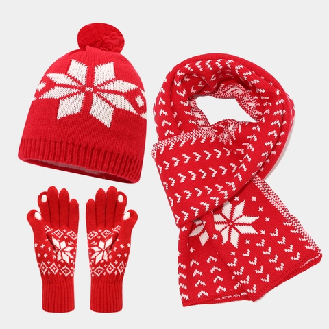 Cappello Sciarpa E Guanti In Maglia Di Acrilico Natale Inverno Caldo Motivo Fiocco Di Neve Stile Nordico Pompon Donne