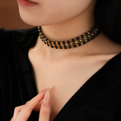 Collana Girocollo Larga Vintage Perline In Resina Nera Lega Cava Dorata Strass Catena Da Clavicola Per Donna Gioielli Di Lusso