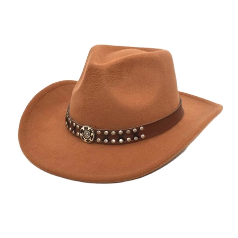 Western Cowboy Fedora Hat Wide Brim Cotton Polyester Vintage Leather Belt Rivet Decor For Men Women