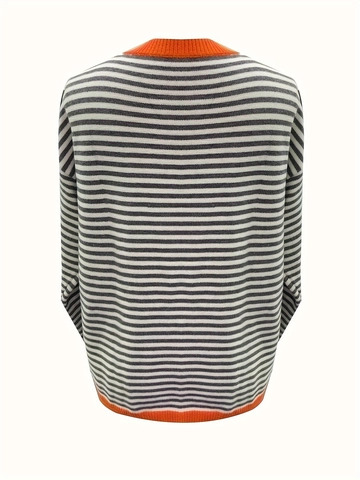 Damen Gestreifter Polyester Spandex Strickpullover Rundhals Locker Passform Langarm Kontrast Besatz Drop Shoulder Oberteil