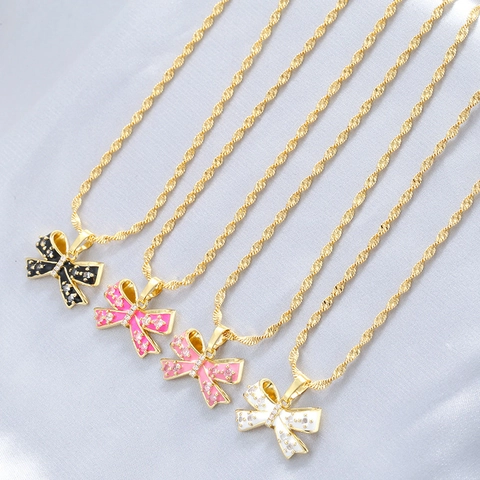 Dulce Collar con Colgante de Lazo de Esmalte de Colores para Mujer Cadena de Onda de Oro Incrustada con Strass Joyería de Moda