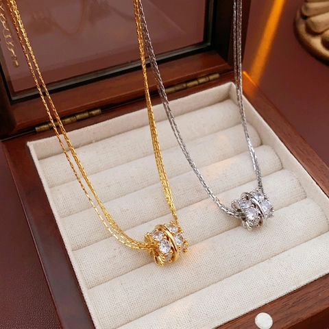 Geometric Cylinder Pendant Double Layer Necklace Copper Zircon Inlaid Elegant Fashion For Women Silver Color
