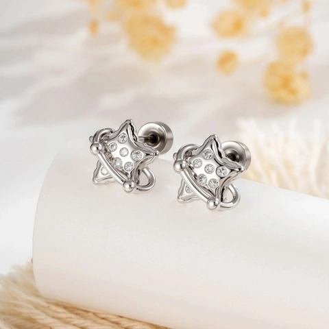 Star Planet Stud Earrings Titanium Steel Copper Cubic Zirconia Screw Back Piercing Minimalist Tiny Sparkling For Women