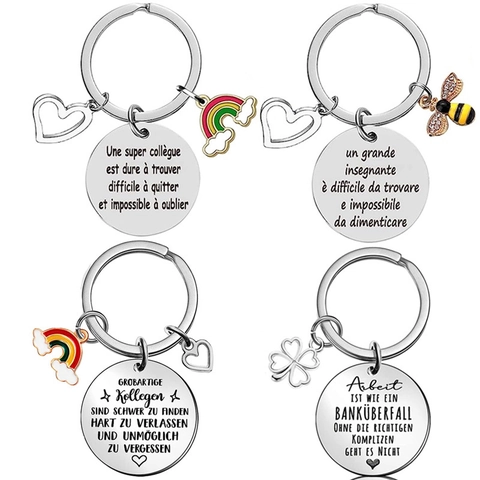 Llavero de Acero Inoxidable Arcoíris Abeja Corazón Trébol Regalo Colega Maestro Grabado Francés Alemán Italiano