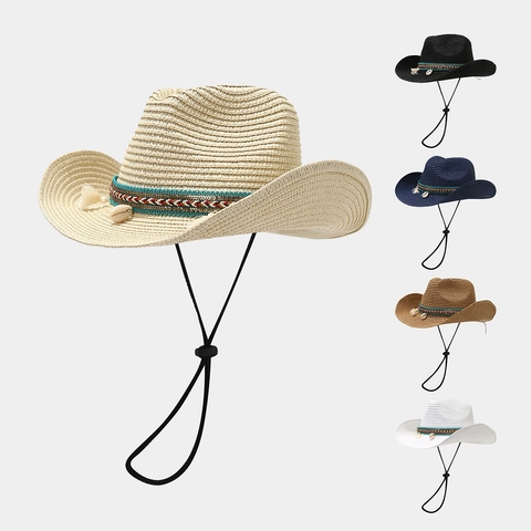 Cappello Da Cowboy In Paglia Bohemian Con Nappa Conchiglia Traspirante Tesa Larga Protezione Solare Sottogola Regolabile Spiaggia