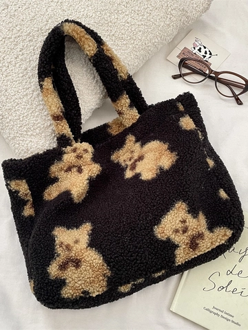 Süße Plüsch Bär Muster Handtasche Weiche Lammwolle Tote Große Kapazität Lässige Winter Alltagstasche Für Damen