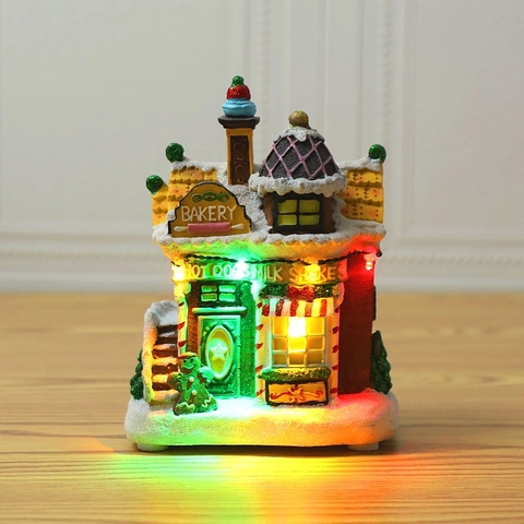 Weihnachts Haus Ornament Harz LED Beleuchtet Lebkuchen Schneeszene Tischdeko Bäckerei Eiscreme Keks Laden