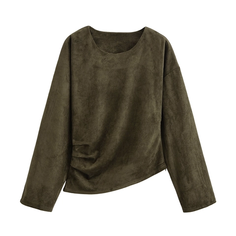 Top A Maniche Lunghe Da Donna In Finta Pelle Scamosciata Vita Arricciata Girocollo Vestibilità Ampia Streetwear