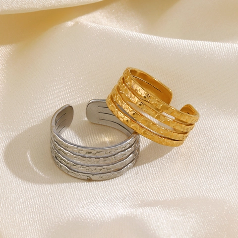 Anillo De Varias Capas Martillado Acero Inoxidable Chapado En Oro 18K Abierto Ajustable Joyería Minimalista Para Mujeres