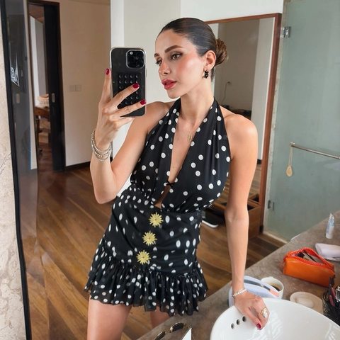 Polka Dot Neckholder Minikleid Damen Tiefer V-Ausschnitt Rückenfrei Sonnenblumenknöpfe Rüschensaum Sommer Urlaub