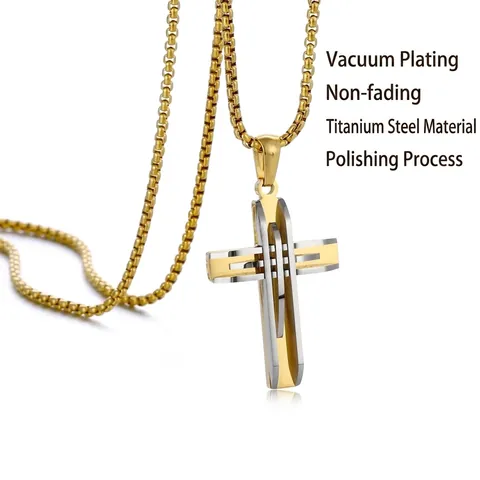 Layered Cross Pendant Necklace Stainless Steel High Polish Fashion Jewelry With Box Chain For Men