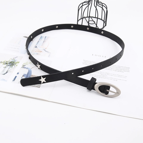 Cintura Sottile Donna In Similpelle Con Borchie A Stella Fibbia Ad Ardiglione Ovale Stile Punk Harajuku Per Jeans Nero
