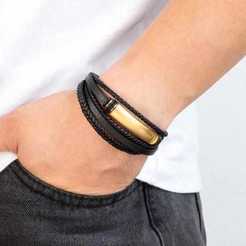 Pulsera De Cuero Trenzado Multicapa Para Hombre Con Cierre Magnético De Acero Inoxidable Moda Punk