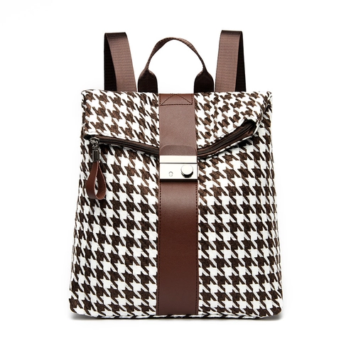 Zaino Pied De Poule Da Donna Tessuto Di Lana Grande Capacità Borsa Da Viaggio Per La Scuola Con Finiture In Ecopelle