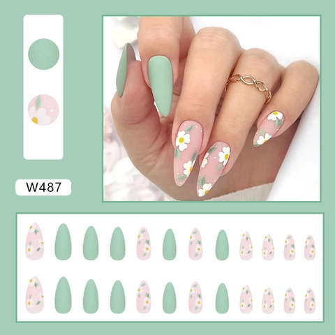 Matte Muntgroene En Roze Madeliefje Druknagels Lange Amandelvorm Zoete Zomerstijl Kunstnagels Voor Vrouwen