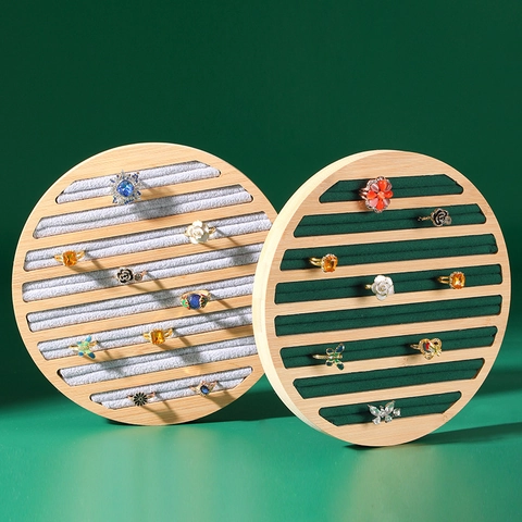 Round Bamboo Wood Ring Display Tray Velvet Multi Slot Jewelry Organizer Desktop Showcase Plate Holder