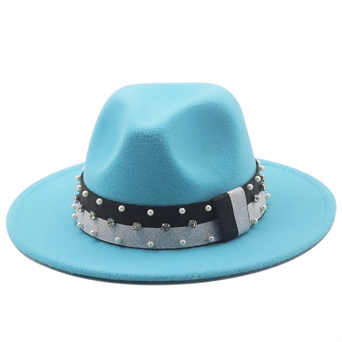 Vintage Woolen Fedora Hat Wide Brim Jazz Cap With Artificial Pearl Rhinestone Decorative Band For Women Elegant Retro Warm Winter