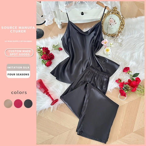 Damen Übergrößen Pyjama Camisole Top Und Hose ImitationsSatin Satin V-Ausschnitt Spaghettiträger Loungewear