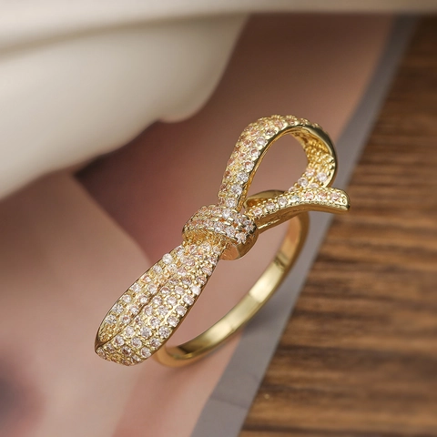 Elegant Bow Knot Ring Copper 18K Gold Plated Zircon Pave Adjustable Open Finger Jewelry For Women