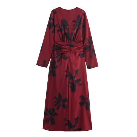 Polyester Wine Red Ink Floral Print Maxi Dress Deep V Neck Long Sleeve Knot Front Elegant High Waist Women