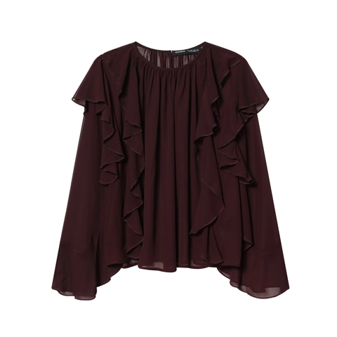 Blusa De Gasa Para Mujer Manga Larga Con Volantes Color Sólido Retro Elegante Camisa Tops Moda Casual Ropa De Oficina