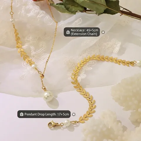 French Style Wheat Leaf Artificial Pearl Jewelry Set Titanium Steel Necklace Bracelet Elegant Vintage Set For Women