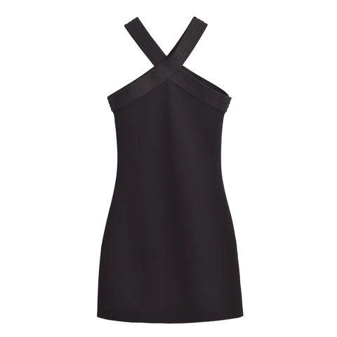 Vestito Mini Nero Da Donna Allacciato Al Collo Senza Maniche Incrociato Scollo A V Slim Fit Tinta Unita Poliestere Elegante