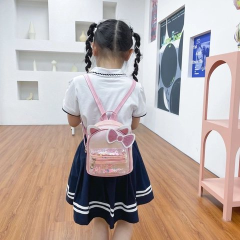 Kids Mini Backpack Iridescent PU Leather Cute Cat Ears Glitter Bow Transparent Sequin Pocket Toddler Girls Fashion Bag