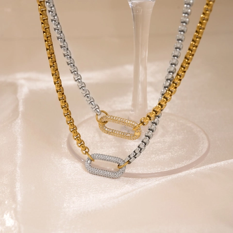 Trendy U-Shape Pendant Necklace 18K Gold Plated Stainless Steel Two-Tone Box Chain Pave Cubic Zirconia For Women