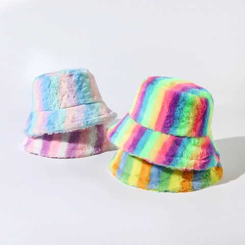 Plüsch Anglerhut Kunstpelz Warm Winter Dick Regenbogen Gestreift Bunt Flauschig Sonnenhut Accessoire Für Damen Herren