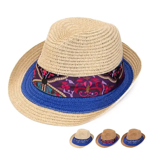 Cappello Fedora In Paglia Da Donna Protezione Solare Spiaggia Nastro Etnico Traspirante Regolabile