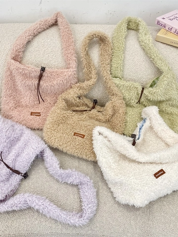 Plush Shoulder Bag Faux Lamb Wool Large Capacity Tote Bag For Women Autumn Winter Korean Lazy Style Solid Color Soft